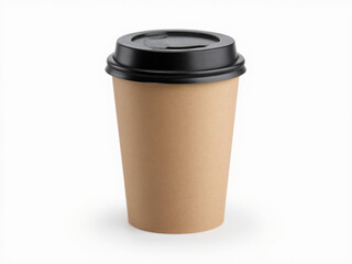 blank kraft paper coffee cup with a black plastic lid, isolated on a white background, natural brown color with visible paper texture