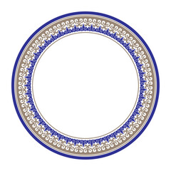 Decorative golden blue round Kazakh national ornament frame, persian motif, plate. National round pattern of the ancient nomad. For plate, embroidery, porcelain, sandblast, engraving, ceramic