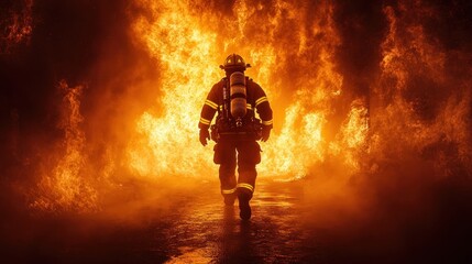 Fototapeta premium Firefighter Bravely Walking Through Intense Blaze