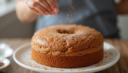 She sprinkles a pinch of cinnamon to enhance the flavor of the cake