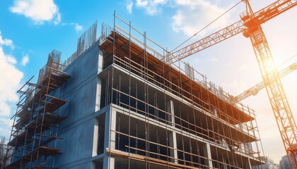 Urban Building Construction with Steel Scaffolding and Crane on a Bright Sunny Day