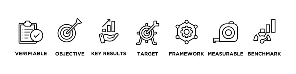 VOKTFMB banner web icon vector illustration concept with icon of verifiable, objective, key results, target, framework, measurable, benchmark, 