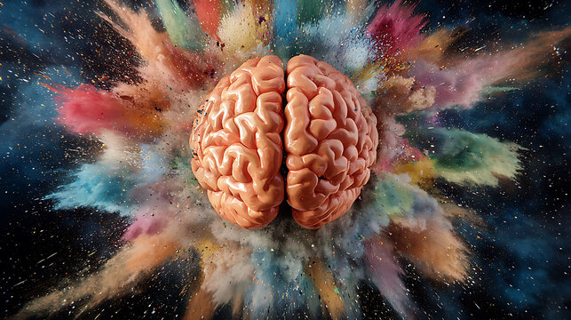 Concept art of human brain exploding with vibrant colors, symbolizing knowledge and creativity in dynamic explosion of ideas