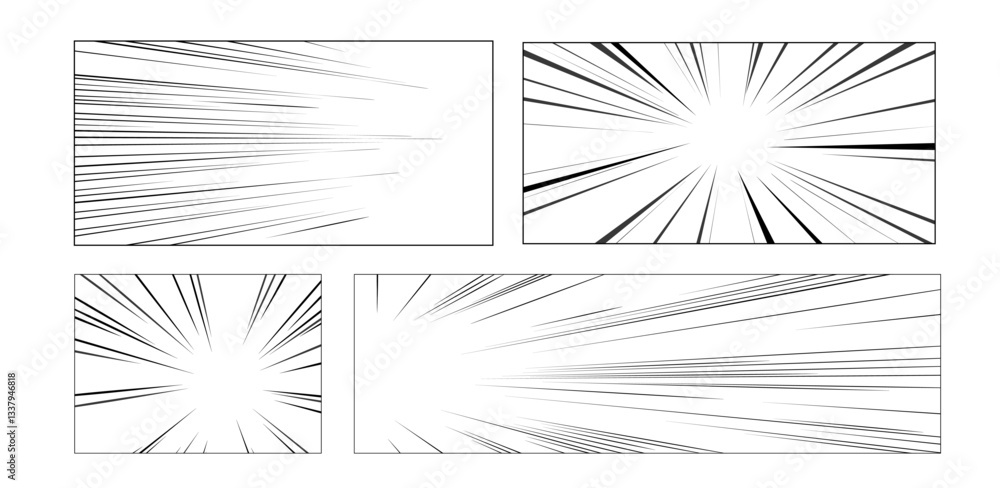 Poster comic speed lines set - radial burst patterns with dynamic motion streaks. manga zoom effects. black