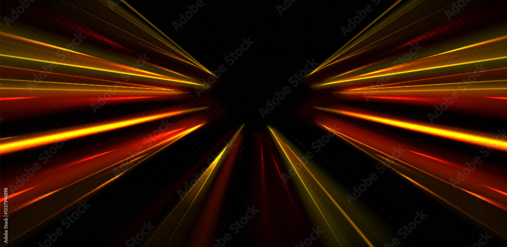 Poster speed perspective radial lines on black bg - bright orange glowing streaks shooting from center poin