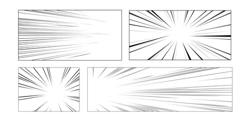 Comic speed lines set - radial burst patterns with dynamic motion streaks. Manga zoom effects. Black white panels and empty comic book frames. Explosion rays and action movement backgrounds.