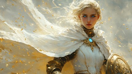 The Radiant Knight: A Digital Painting of a Blonde Warrior Woman in White Armor