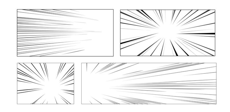 Comic speed lines set - radial burst patterns with dynamic motion streaks. Manga zoom effects. Black white panels and empty comic book frames. Explosion rays and action movement backgrounds.