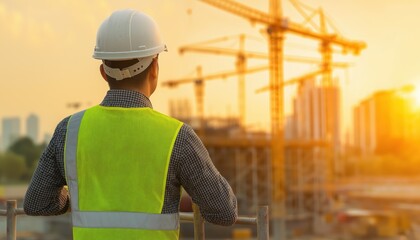 Construction Engineer Overseeing Scaffolding and Crane Operation at Sunset