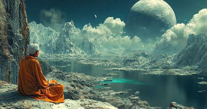 Alien Monk Meditates on Frozen Planet View