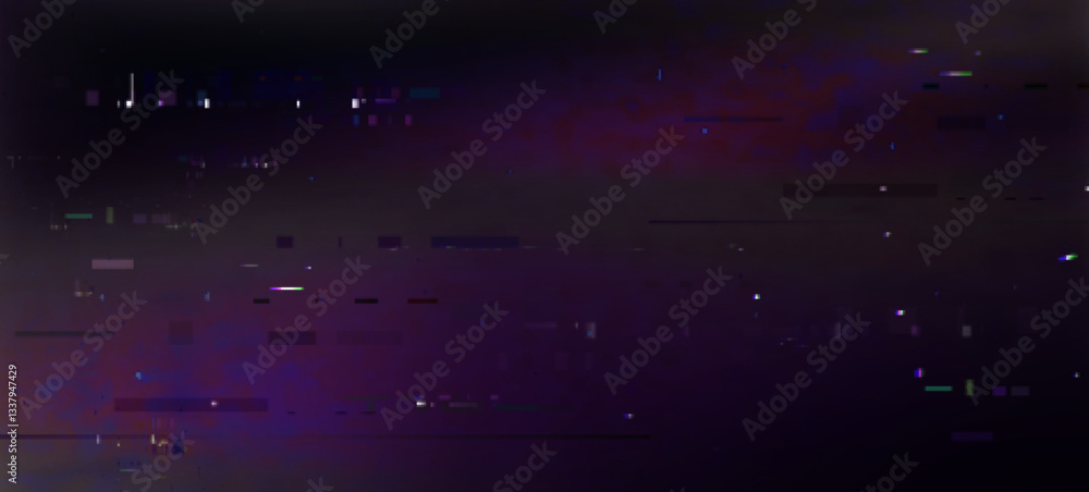 Poster pixel glitch noise texture with distorted digital data effect, abstract black purple background. ran