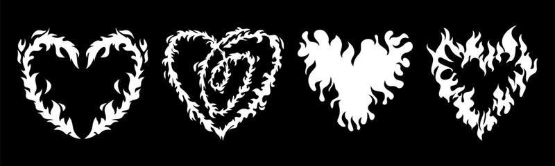 Flame heart silhouettes - burning love symbols, passionate romantic shapes filled with fire patterns. Blazing affection signs, various flaming textures inside amorous tattoo design elements.
