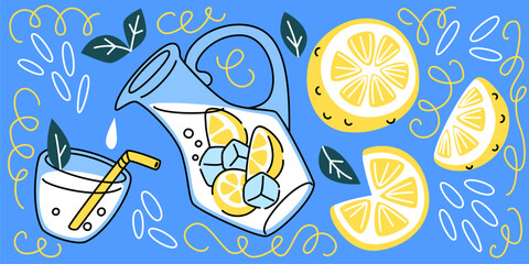 Beverage doodle set - glass and pitcher of summer refreshing lemonade drink with cute yellow slices, juicy halved fruit and whole lemons, ice and mint leaves. Hand drawn cartoon citrus illustration.