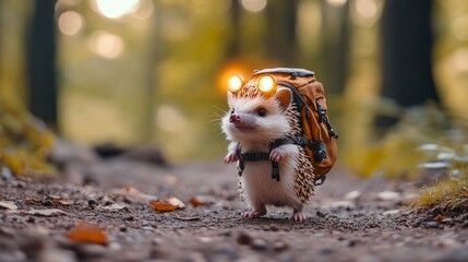 Obraz premium Adorable Hedgehog Hiker with Backpack and Headlamp Exploring the Forest