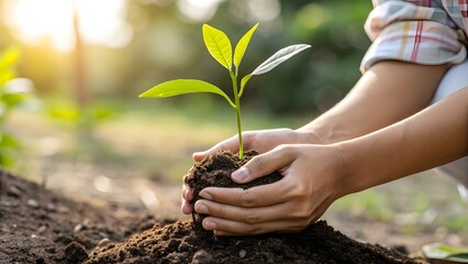 Close- up of Hand holding Plant, Hands cradling fertile soil with vibrant green sapling, symbolizing hope, growth, sustainability. Perfect content focused on environmental conservation, gardening
