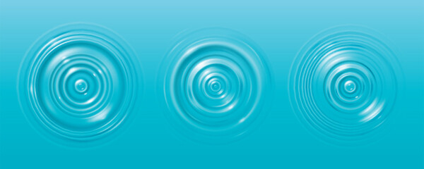Water ripple circles top view - round aqua blue concentric ripples on calm liquid surface. Tranquil abstract background, clean minimal geometric pattern for relaxing nature inspired graphic design.