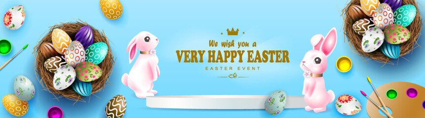 Blue illustration with Easter eggs in a straw nest and a cute bunny.