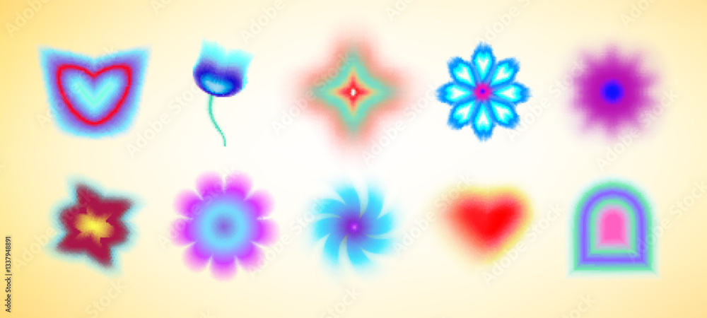 Poster shape blur effect with colorful y2k style elements - hearts, stars and flowers. vector gradient mesh