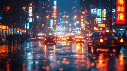 Fototapeta premium Snowy night city street, traffic, bokeh, reflections.