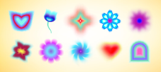 Obraz premium Shape blur effect with colorful y2k style elements - hearts, stars and flowers. Vector gradient mesh background of bright neon colors. Dreamy aesthetic overlays, trendy retro 90s graphic design.
