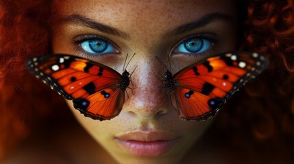 A serene portrait of a young woman surrounded by ethereal butterflies