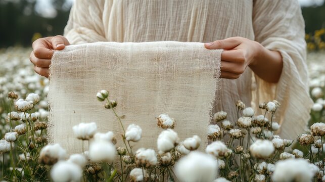 Woman holding natural beige fabric in cotton field.