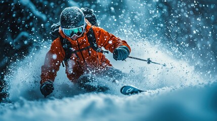 Fototapeta premium Skier carving through deep powder snow, dynamic action shot.