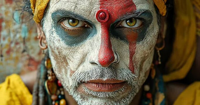 Close-up portrait of a man with elaborate face paint, likely a religious figure, in India. Possible use Stock photo for spiritual themes
