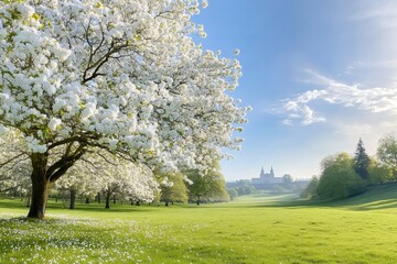 Blooming tree illuminating the green meadow in spring with El Escorial Palace in background