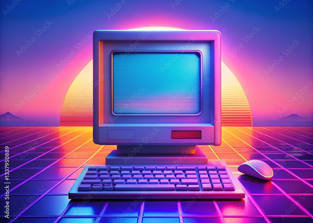Poster y2k retro computer interface: nostalgic gradient search bar, vaporwave aesthetics, digital backgroun
