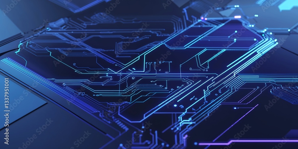 Poster a high-tech digital-inspired background with neon blue circuit-like linework over a dark, gradient g