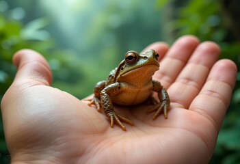 A person is holding a toad frog in jungle in hand palm