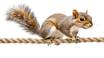 a squirrel clings to a rope its bushy tail isolated on white background