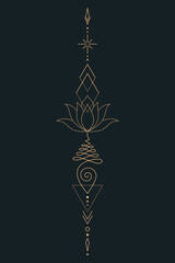 Sacred Lotus Unalome Tattoo Design Minimalist Spiritual Symbol. Vector isolated buddhist line hand drawn symbol. Gold on Dark background