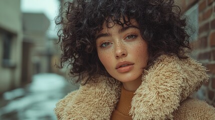 Close-up portrait of a young woman with curly hair and freckles, wearing a fluffy beige coat, looking directly at the camera.