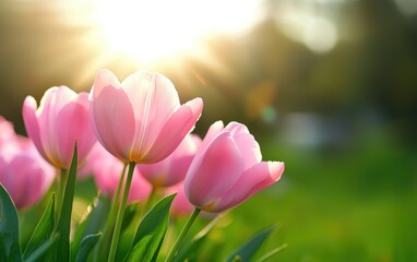 Obraz premium Colorful pink flowers bloom in green grass under a bright sun, celebrating the joy of Easter.