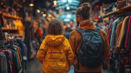 Obraz premium Couple shopping at a bustling indoor market, browsing clothing racks.
