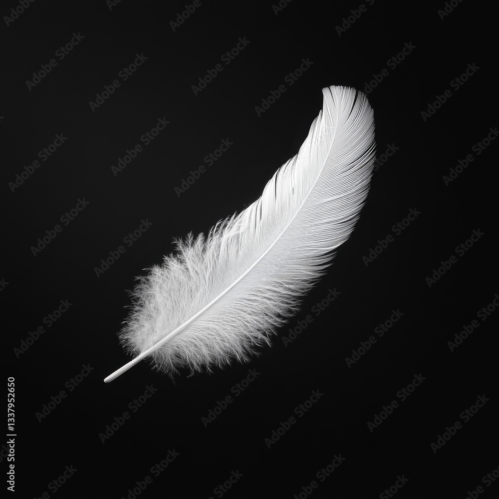 Poster floating feather: a study in texture and form against black canvas backdrop, highlighting lightness 