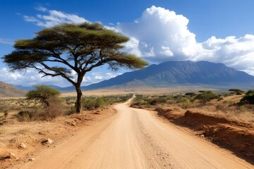 Dirt road crossing african savanna with acacia tree and mountain in the background