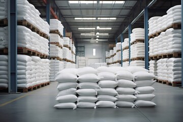 Fototapeta premium White sacks neatly stacked on pallets filling warehouse storage space
