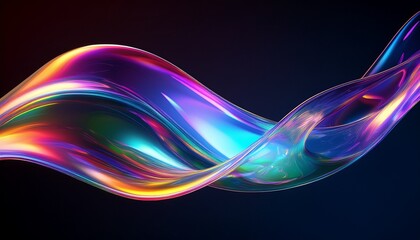 3d crystal glass liquid wave with refraction and holographic effect isolated on dark background; Render transparent glass ribbon, fluid splash with rainbow gradient; futuristic prism spiral art