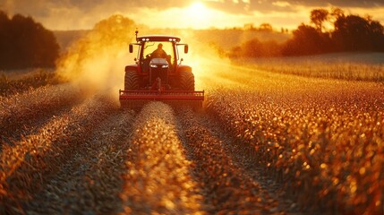 Fototapeta premium Tractor working in golden sunset field.