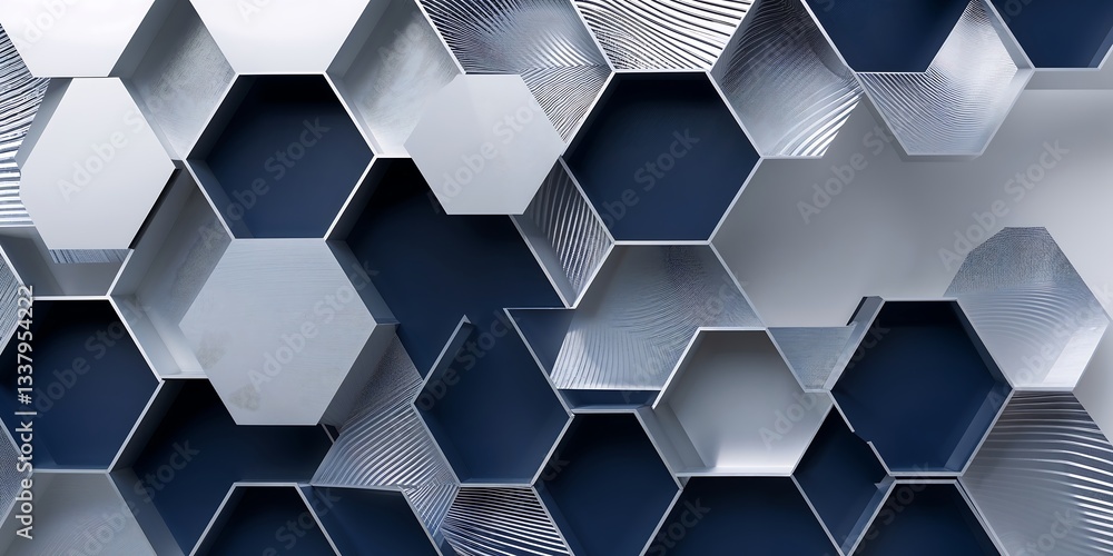 Poster a modern corporate brochure cover featuring a pattern of overlapping hexagons with fine diagonal lin