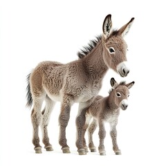 Fototapeta premium A donkey foal standing next to its mother, soft fur detailed, natural lighting, side view, white background. 