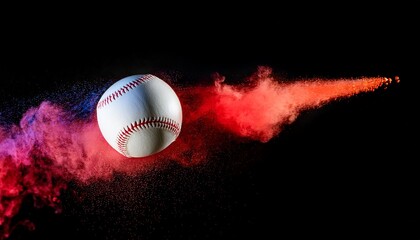 A baseball with red smoke and vape on a black background; red mist surrounding the baseball; a close up view of a baseball floating around smoke or powder in action; baseball flying in the air; speed