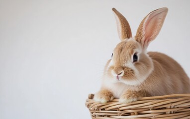 Obraz premium Small rabbit rests in a basket on a table, embodying the festive spirit of Easter.