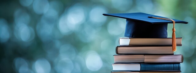 Graduation cap on books symbolizing academic achievement and education.