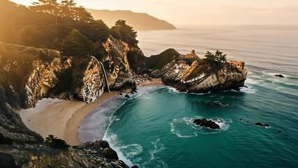 Coastal view of waterfall flowing onto sandy beach surrounded by rocky cliffs and turquoise water 100 - Powered by Adobe