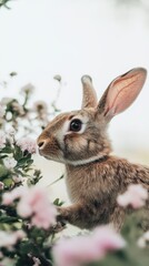 Fototapeta premium A rabbit rests among vibrant flowers in a lush green bush, embodying the spirit of Easter.