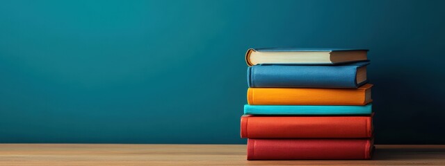 Fototapeta premium Colorful stack of books against a teal background on a wooden surface.